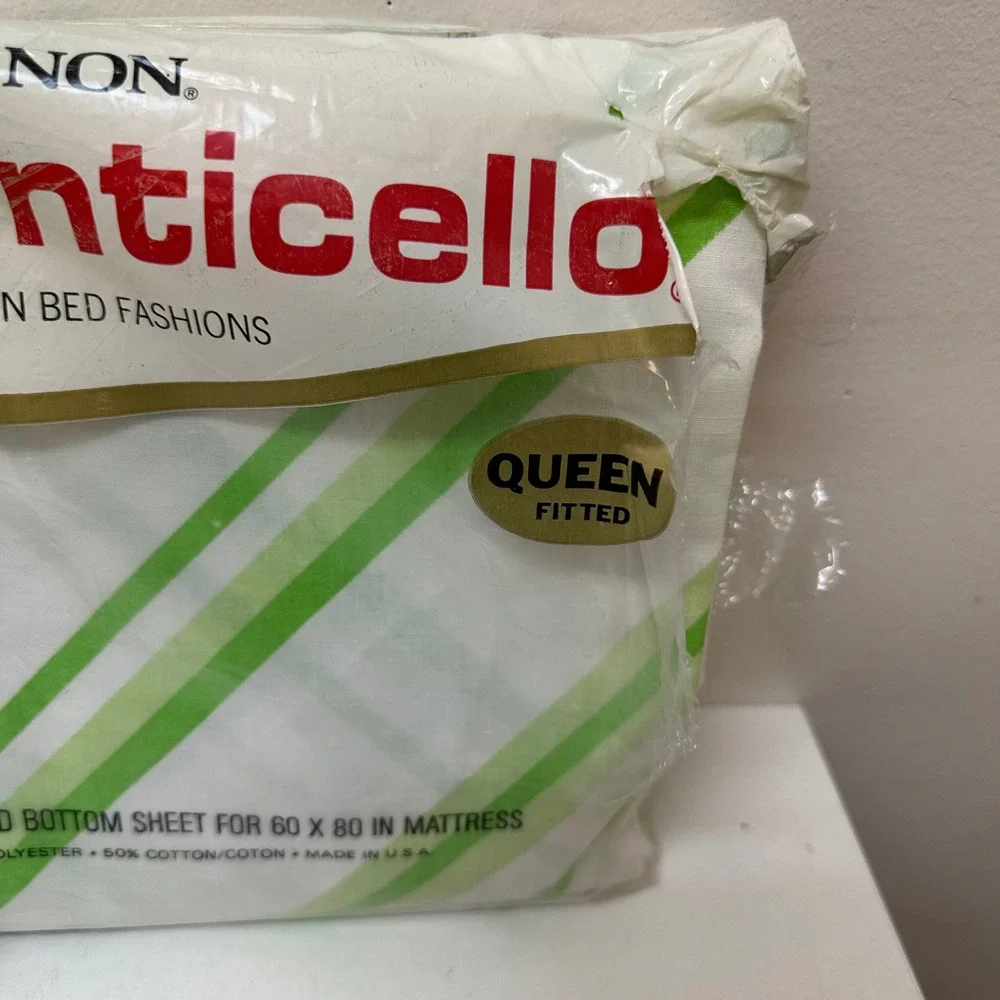 Vintage Cannon Monticello Queen Fitted Sheet & Pillowcases Montauk Stripe Green